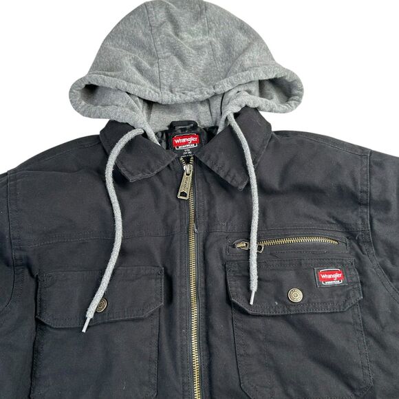 Wrangler Canvas Hoodie Workwear Jacket Mens Small Quilted Lined Black Full Zip - Picture 2 of 10